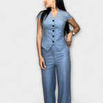 Blue V-neck button-front short-sleeve top and matching wide-leg pants set