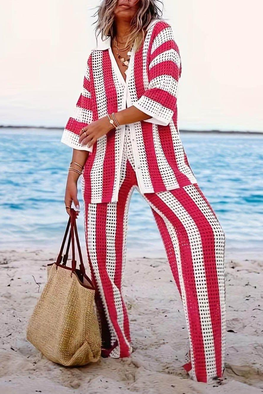 Amelia striped set: open-front kimono top and wide-leg pants, red/white vertical stripes