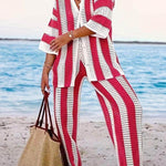 Amelia striped set: open-front kimono top and wide-leg pants, red/white vertical stripes