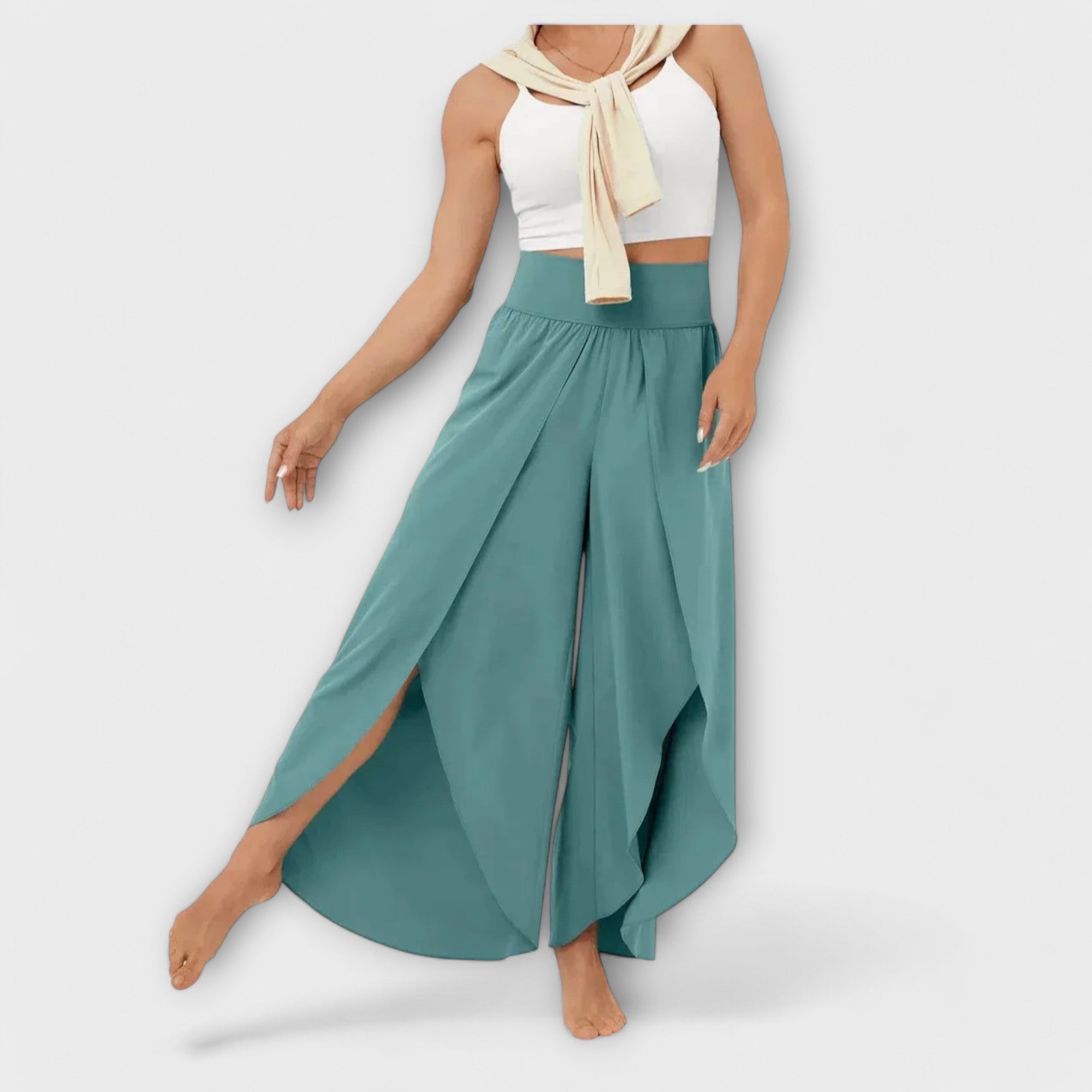 Women’s flowy wide-leg pants with elastic waist, teal green, long side drape slits