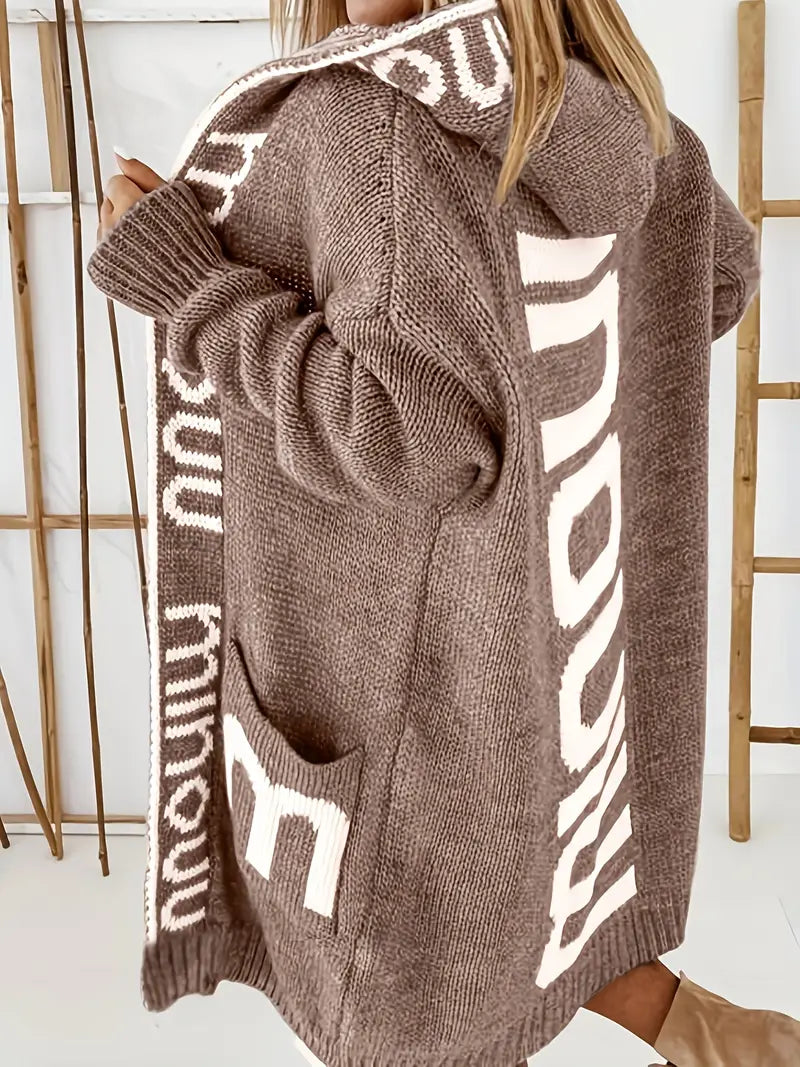 Beige-brown hooded knit cardigan with white geometric front panels and long sleeves