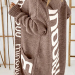 Beige-brown hooded knit cardigan with white geometric front panels and long sleeves