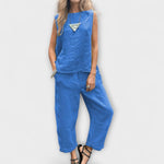 Blue sleeveless tunic top and matching wide-leg pants, linen-cotton blend