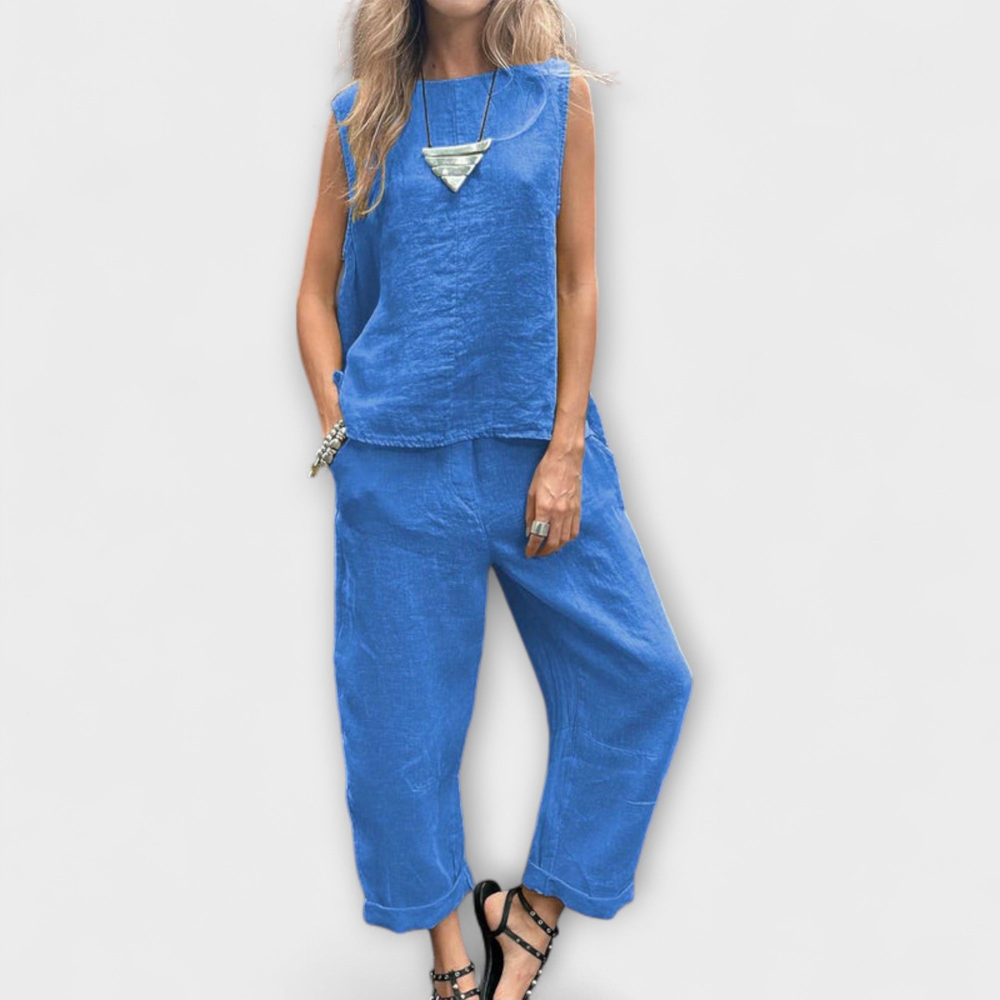 Blue sleeveless tunic top and matching wide-leg pants, linen-cotton blend