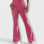 Pink ribbed knit flared pants with high waist and wide leg opening