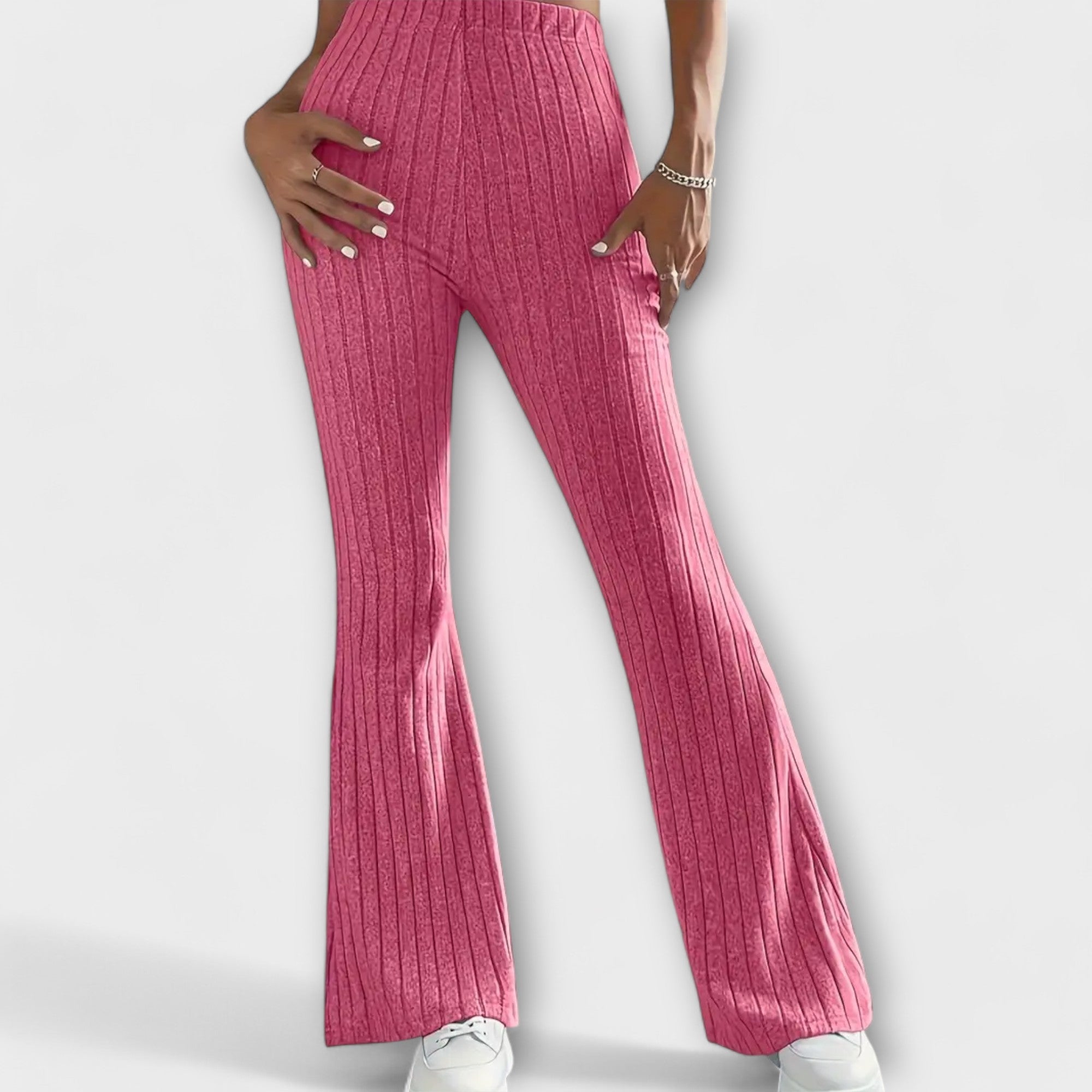 Pink ribbed knit flared pants with high waist and wide leg opening