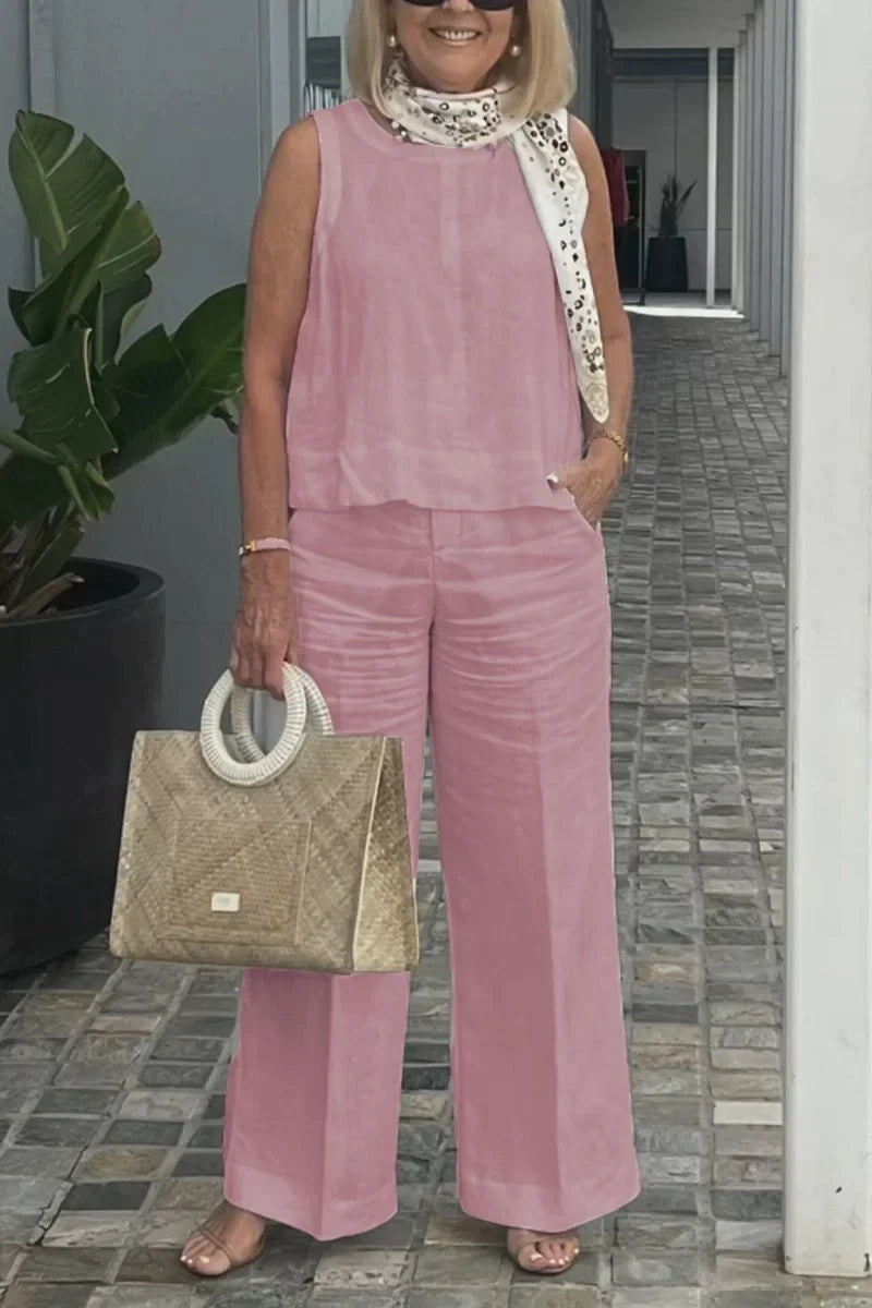 Pink sleeveless cotton-linen top with wide-leg pants