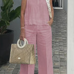 Pink sleeveless cotton-linen top with wide-leg pants