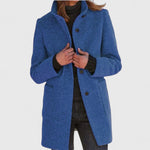 Blue classic button-front coat with notch lapels, long sleeves, and side pockets