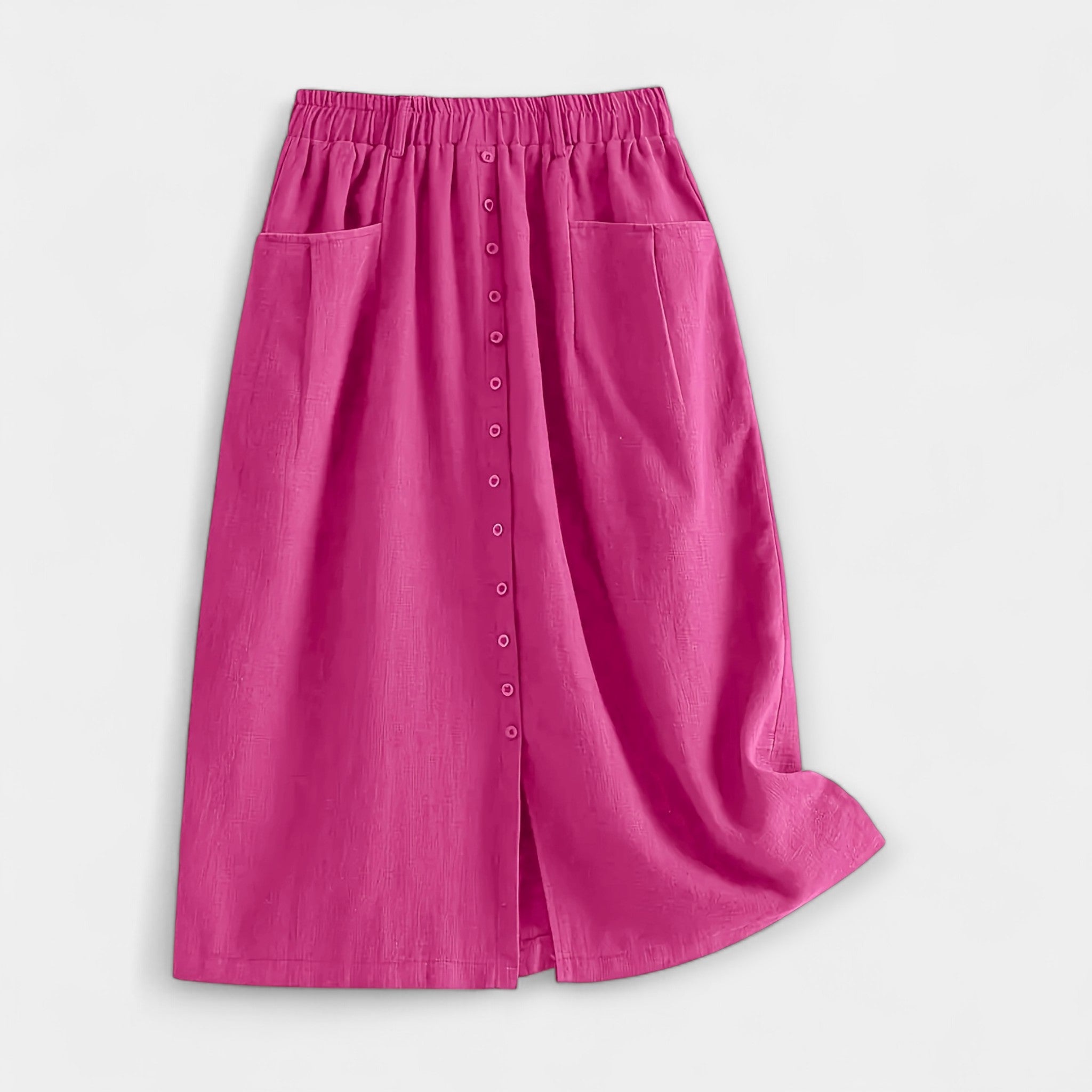 Pink midi skirt with elastic waistband, front buttons, and side pockets.