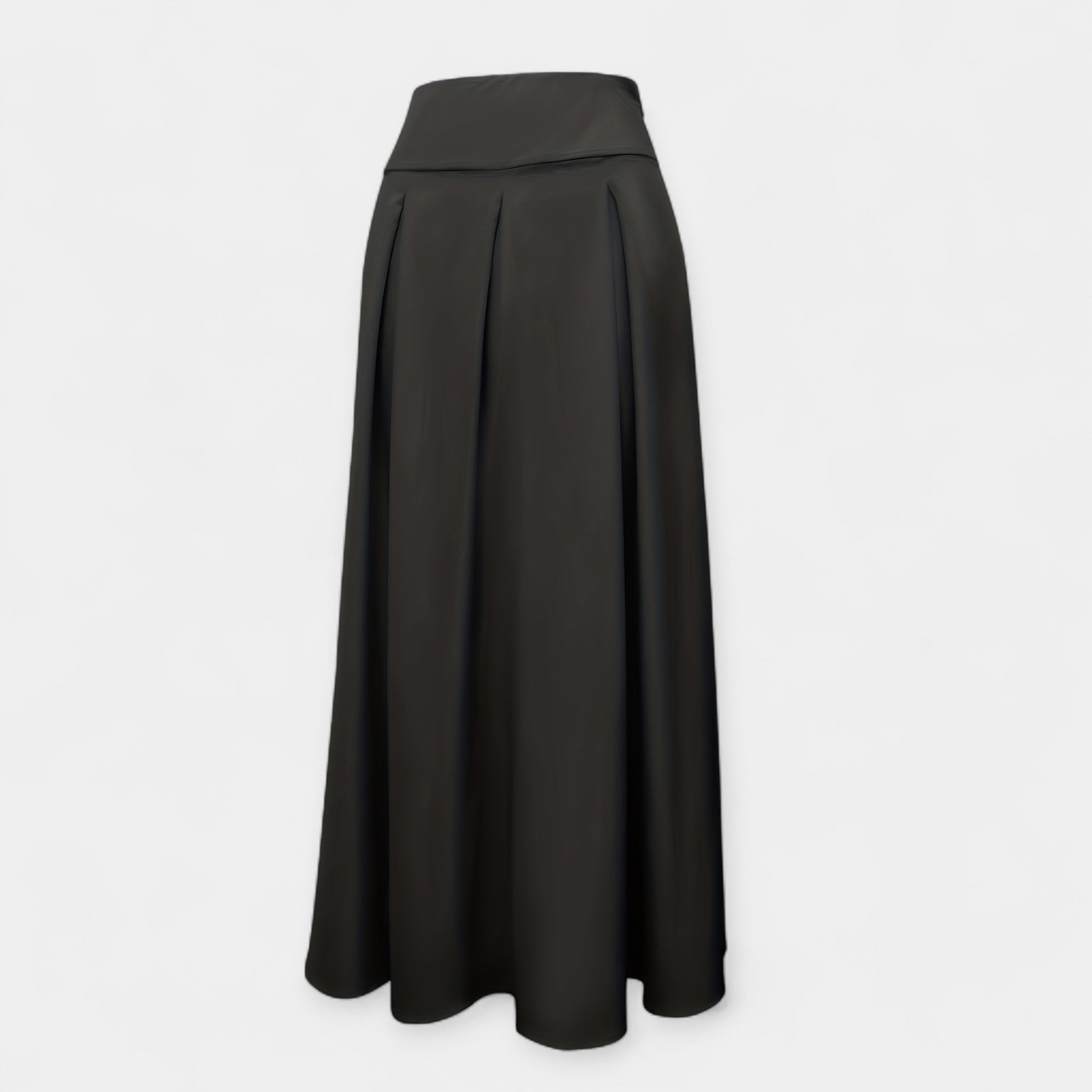 Black midi skirt with pleated panels and wide waistband (back view)
