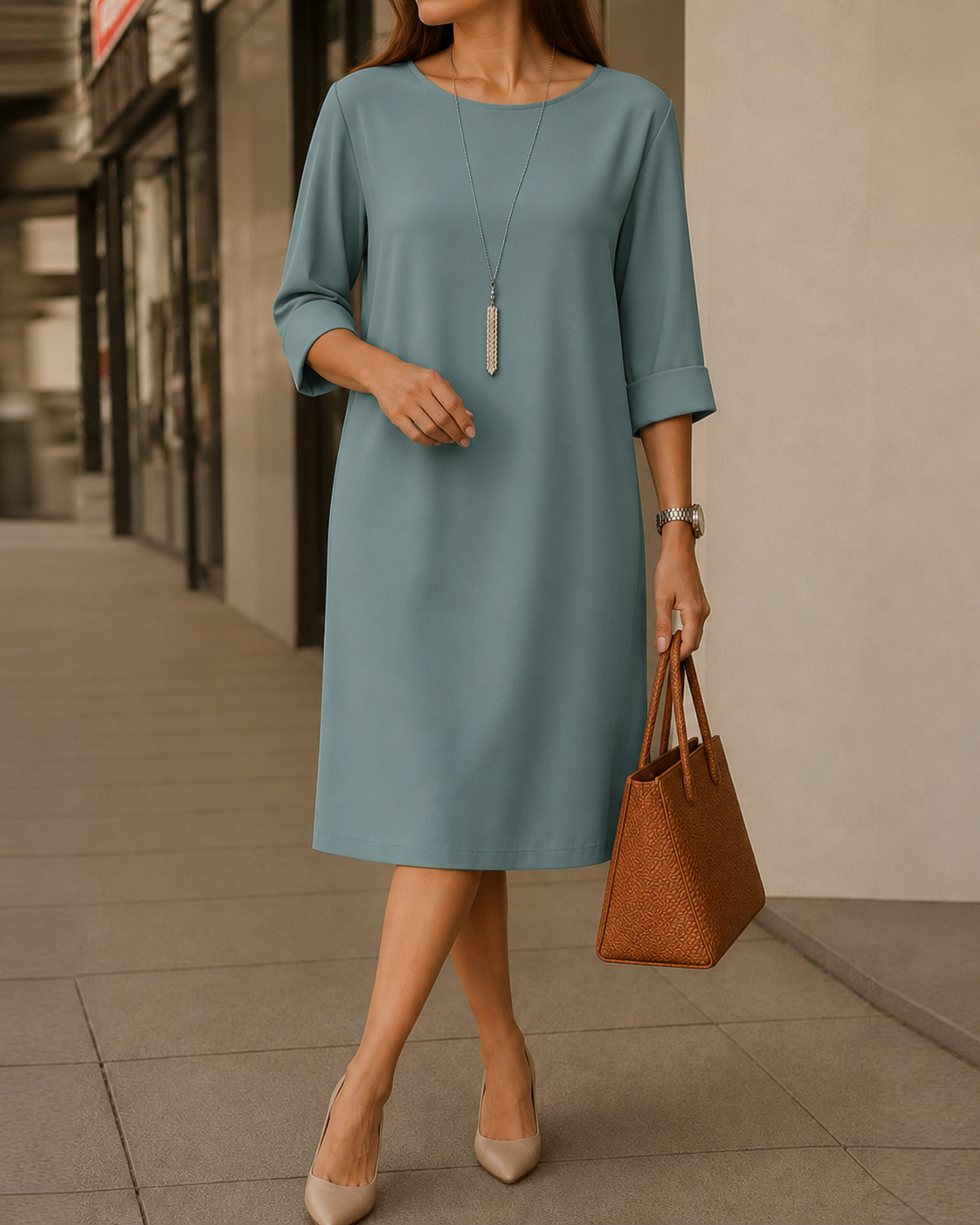 Teal midi shift dress with 3/4 sleeves and round neckline
