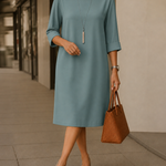 Teal midi shift dress with 3/4 sleeves and round neckline