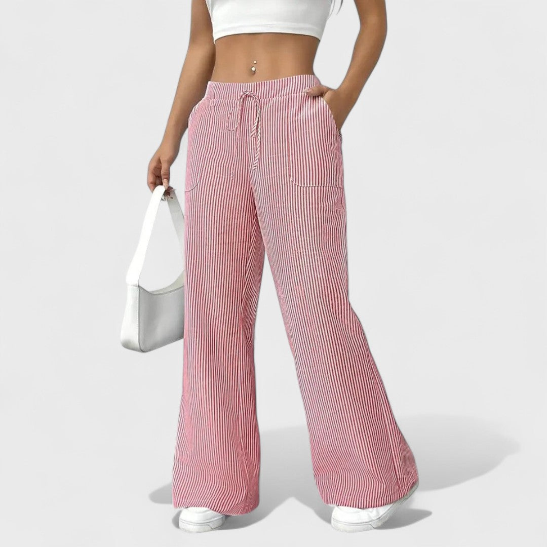 Pink striped wide-leg pants with drawstring waist and side pockets, relaxed fit