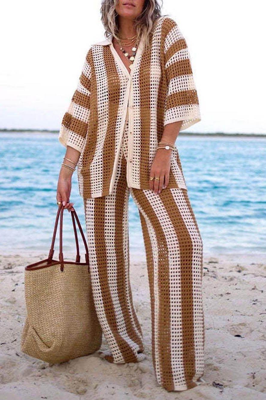 Amelia striped set with kimono-style top and wide-leg pants, khaki/cream vertical stripes