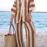 Amelia striped set with kimono-style top and wide-leg pants, khaki/cream vertical stripes