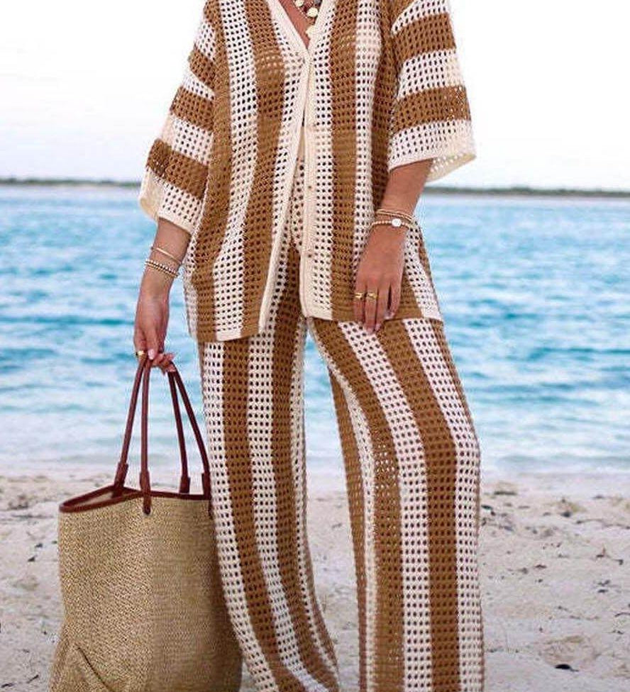 Amelia striped set with kimono-style top and wide-leg pants, khaki/cream vertical stripes