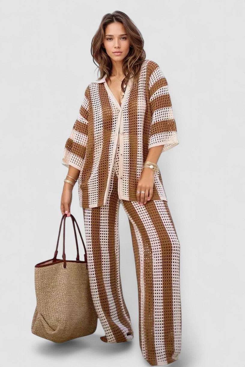 Amelia striped set: open-front kimono top and high-rise wide-leg pants, khaki/cream