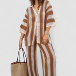 Amelia striped set: open-front kimono top and high-rise wide-leg pants, khaki/cream