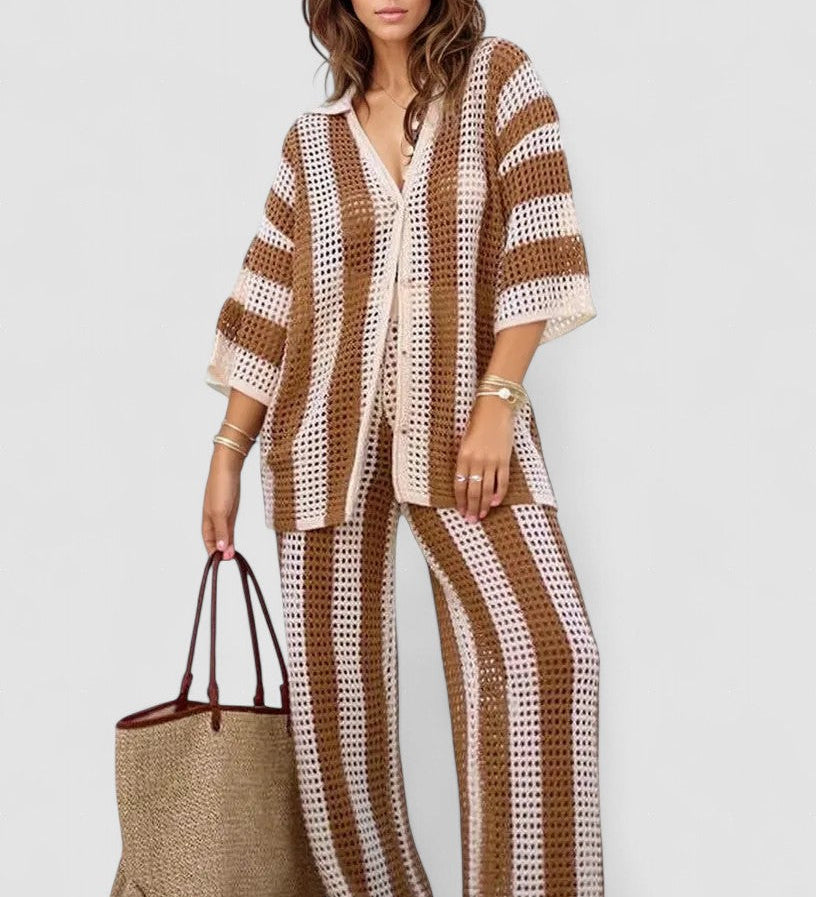 Amelia striped set: open-front kimono top and high-rise wide-leg pants, khaki/cream