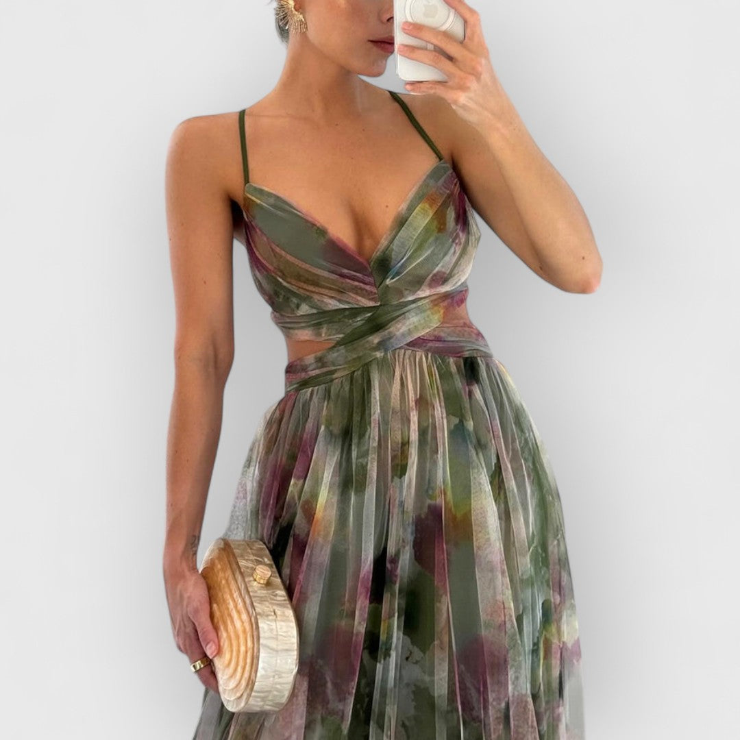 Green maxi dress with spaghetti straps, gathered waist, multicolor floral print
