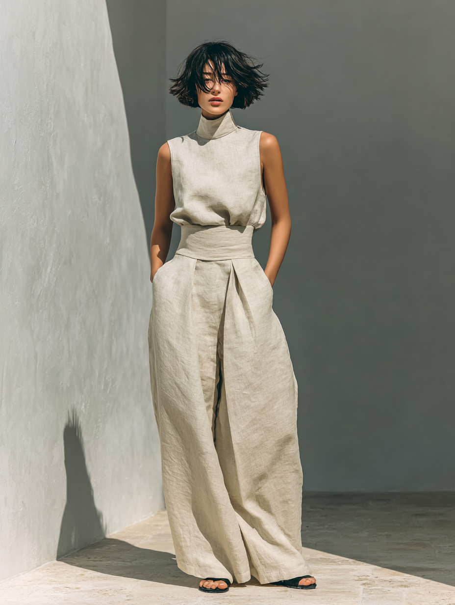 Rhea khaki sleeveless blouse and wide-leg trousers set with waist tie
