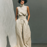 Rhea khaki sleeveless blouse and wide-leg trousers set with waist tie
