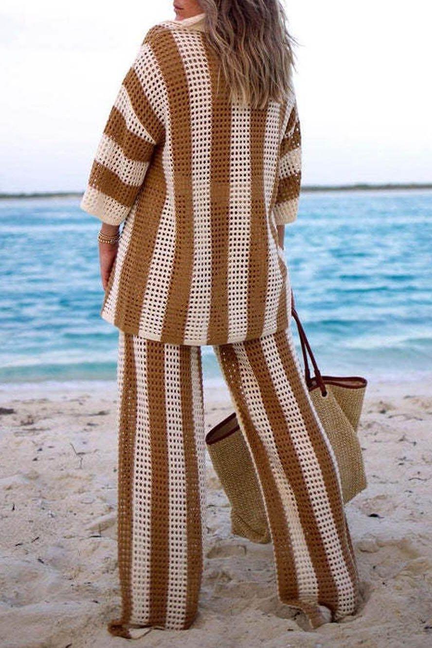 Amelia striped set with back view: kimono top and wide-leg pants, khaki/cream stripes