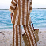 Amelia striped set with back view: kimono top and wide-leg pants, khaki/cream stripes