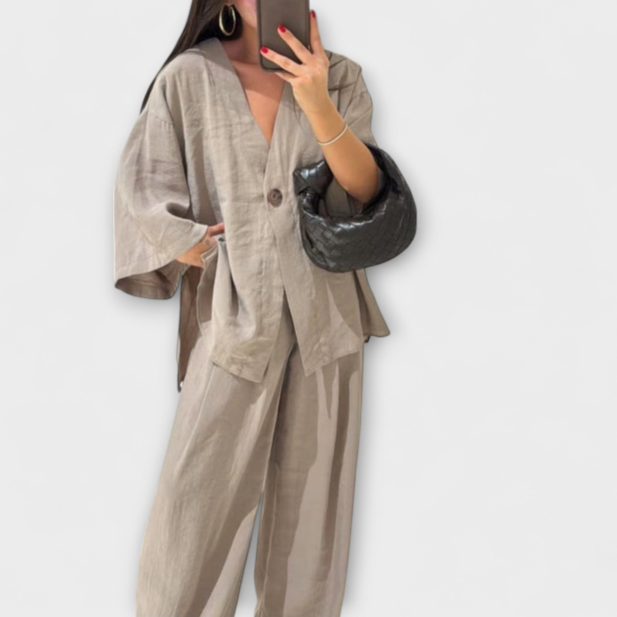 Two-layer V-neck top and wide-leg pants set, beige button-front blouse