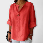 Lightweight button-front blouse, V-neck, elbow sleeves, red