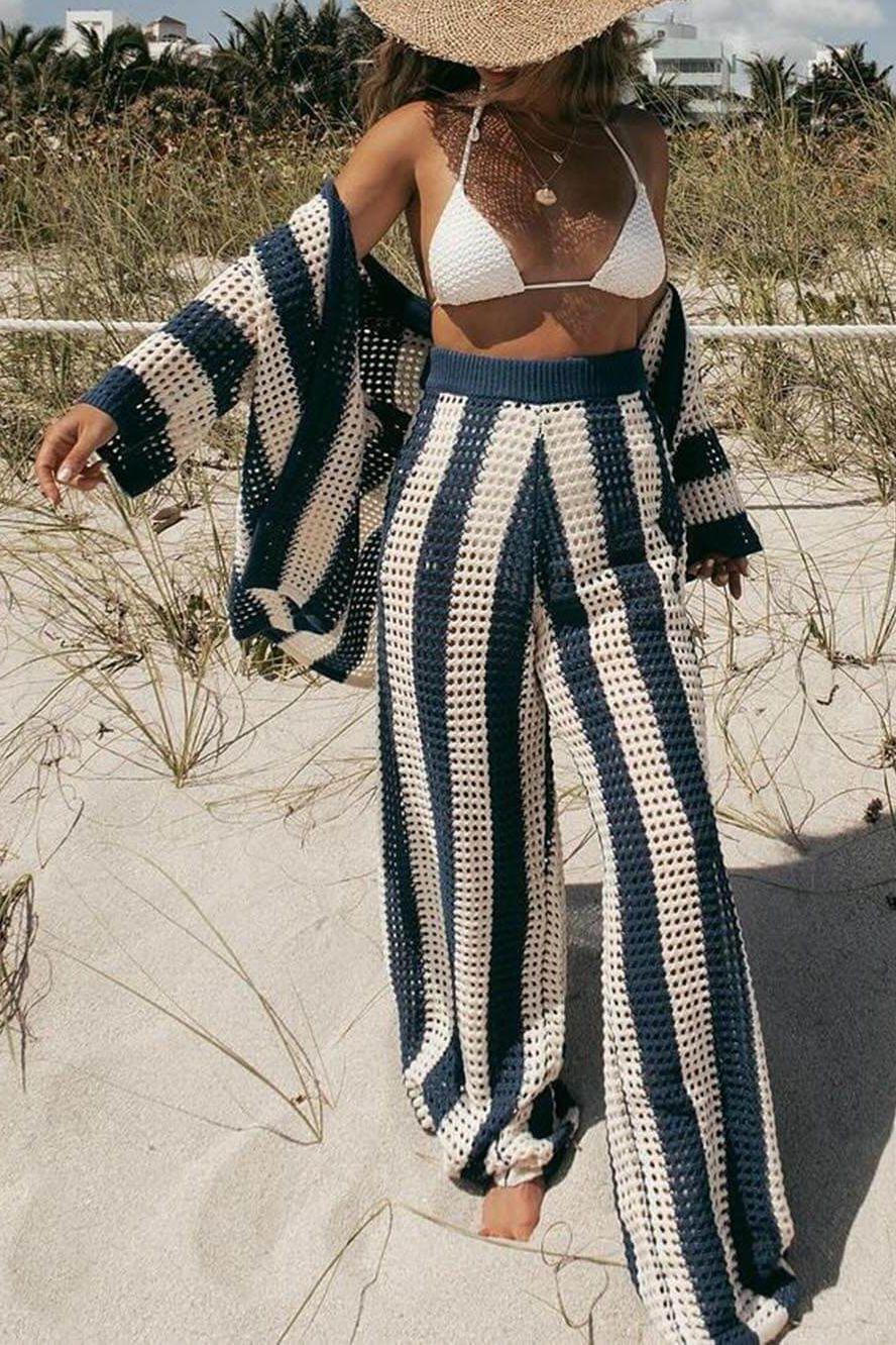 Amelia striped set with kimono top and wide-leg pants, dark green/white vertical stripes