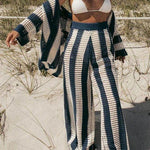 Amelia striped set with kimono top and wide-leg pants, dark green/white vertical stripes