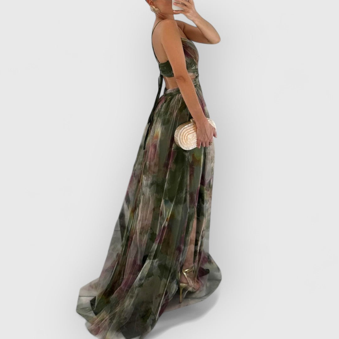 Green maxi dress side view with spaghetti straps and multicolor floral print