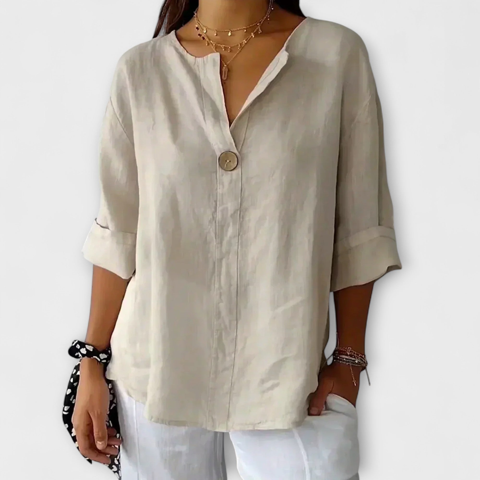 Lightweight button-front blouse, V-neck, elbow sleeves, off-white