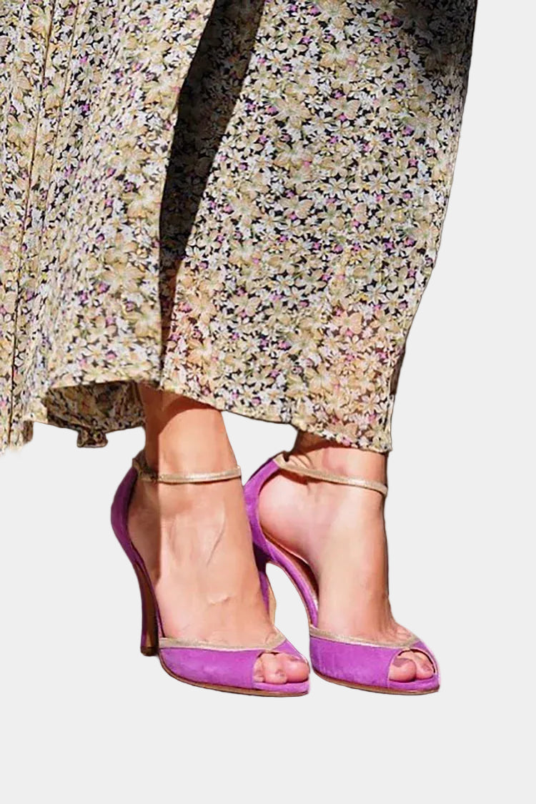 Violet high-heel peep-toe sandals with thin ankle strap and cross vamp straps