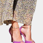 Violet high-heel peep-toe sandals with thin ankle strap and cross vamp straps