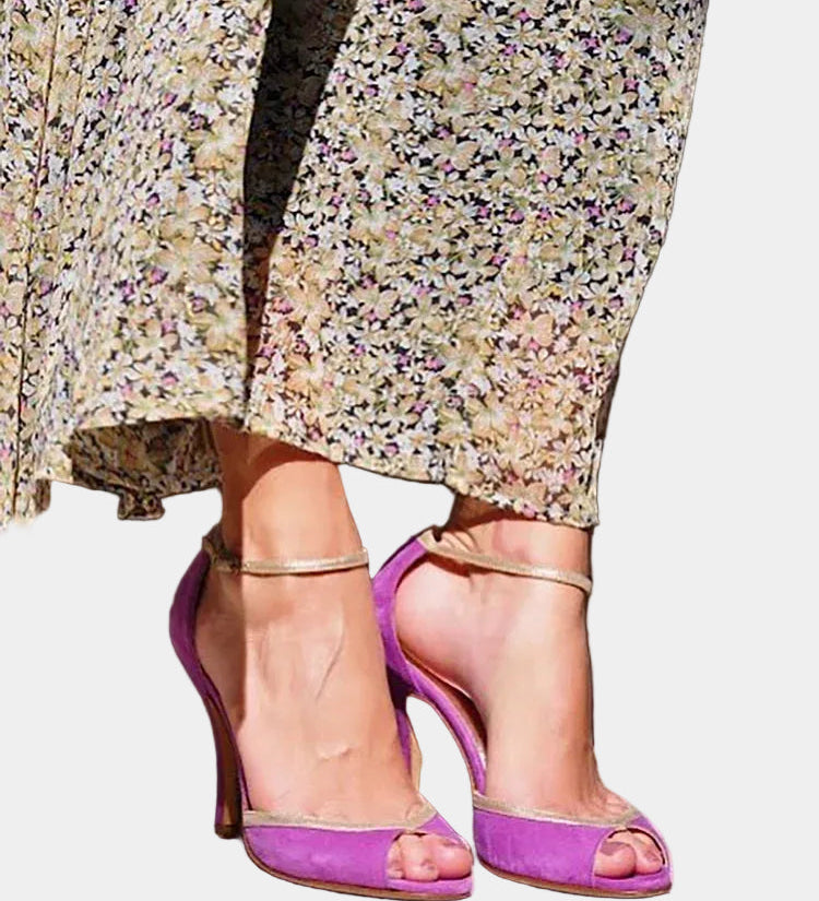 Violet high-heel peep-toe sandals with thin ankle strap and cross vamp straps