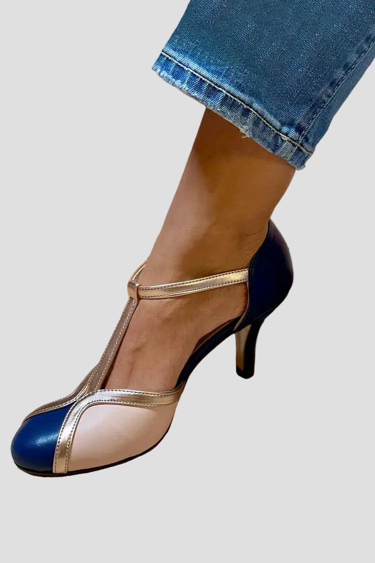 Retro T-bar high heels with dark blue and white color-blocking, thin stiletto heel