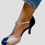 Retro T-bar high heels with dark blue and white color-blocking, thin stiletto heel