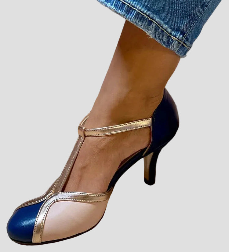 Retro T-bar high heels with dark blue and white color-blocking, thin stiletto heel