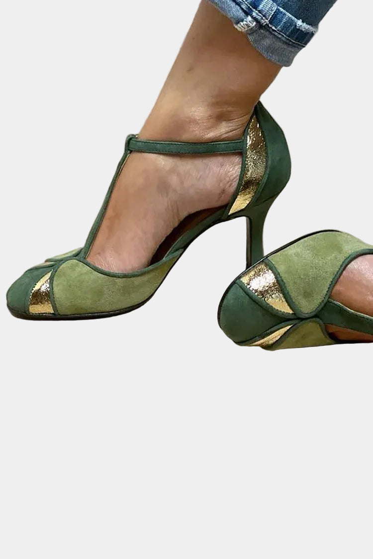 Myrrha green suede high-heel pumps with ankle strap and gold glitter toe detail