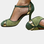 Myrrha green suede high-heel pumps with ankle strap and gold glitter toe detail