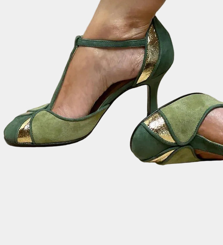 Myrrha green suede high-heel pumps with ankle strap and gold glitter toe detail
