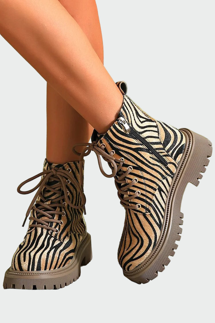 Zebra-pattern lace-up ankle boots, khaki-brown with dark laces and chunky sole