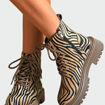 Zebra-pattern lace-up ankle boots, khaki-brown with dark laces and chunky sole
