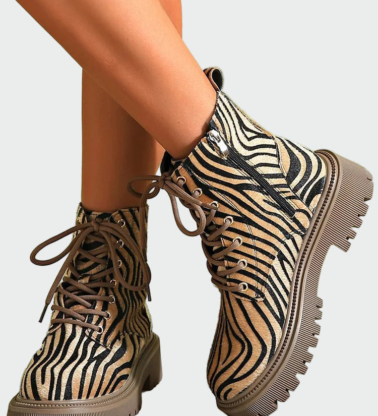 Zebra-pattern lace-up ankle boots, khaki-brown with dark laces and chunky sole