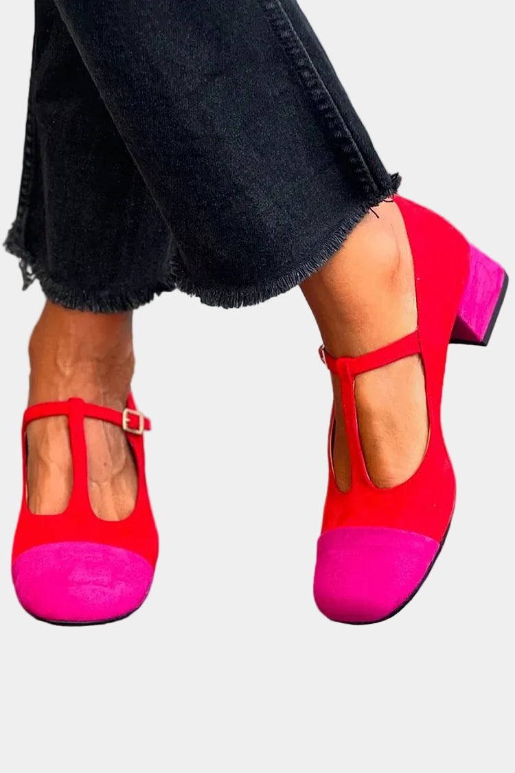 Athena two-tone red sandals with ankle strap, open toe, and block heel