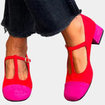Athena two-tone red sandals with ankle strap, open toe, and block heel