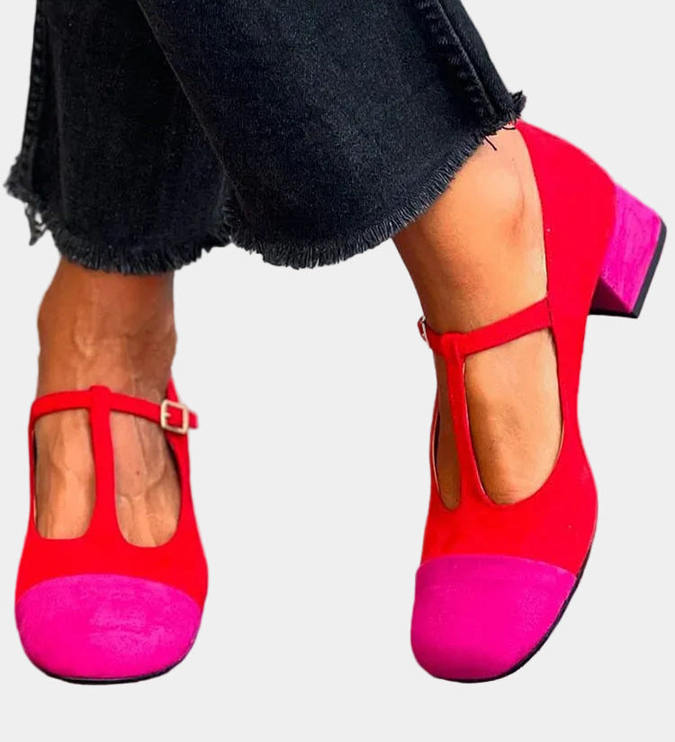 Athena two-tone red sandals with ankle strap, open toe, and block heel